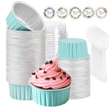Imagem de 100 peças de copos de cupcake de folha de alumínio com tampas, mini formas de bolo com tampas e colheres, 142 g descartáveis de ramequins para assar, formas de muffin, copos de cupcake para festa