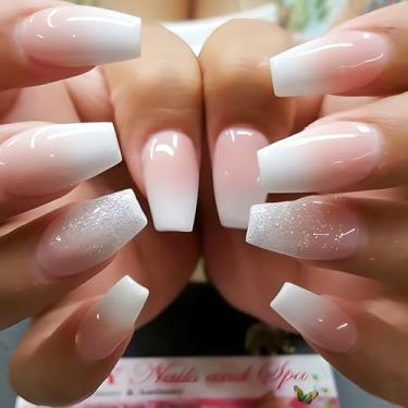 Imagem de RUOKEXIN Unhas postiças médias ombres rosa branco ombré com design de glitter, unhas artificiais brilhantes, cola acrílica nas unhas, prensa fofa para mulheres, 24 peças