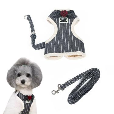 Imagem de Coleira Peitoralcom Guia Listras Preta Flor Cachorro Gato Pequeno Porte