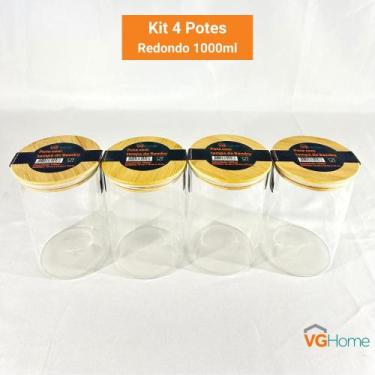 Imagem de Kit 4 Potes De Vidro Hermético Redondo Tampa De Bambu 1000ml - VGHome