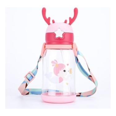 Imagem de Garrafa Infantil Squeeze com Canudo 600ml à Prova de Vazamentos, Tampa Alce, com Alça(Rosa)