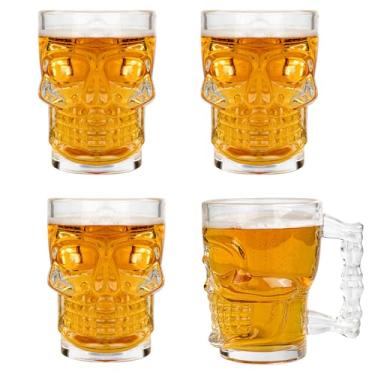 Imagem de Conjunto de 4 canecas de cerveja - copos de caveira com alça - copos Tiki de base pesada de 500 ml - Copo transparente para uísque, vinho, suco, bar doméstico, presentes de decorações de Halloween