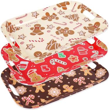 Imagem de JarThenaAMCS 3 bandejas de Natal para servir de pão de gengibre, bandeja de bengala doce com alças, pratos de servir reutilizáveis para festa de Natal, compartilhar, lanches, frutas, sobremesa