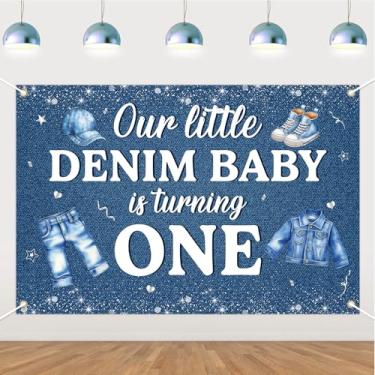 Imagem de Jollyboom Decorações de 1º aniversário de ganga, nosso pequeno jeans Baby está virando um banner de pano de fundo para um ano de idade Jean azul fundo de sessão de fotos para chá de bebê, 9,5 x 1,5 m