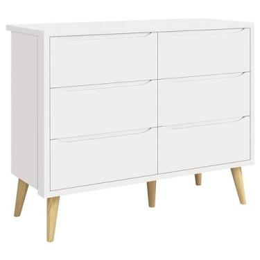 Imagem de Cômoda Infantil 6 Gavetas Retrô Theo Branco Acetinado com Pés Natural 