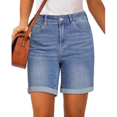 Imagem de Shorts jeans luvamia de cintura alta, azul longo para mulheres