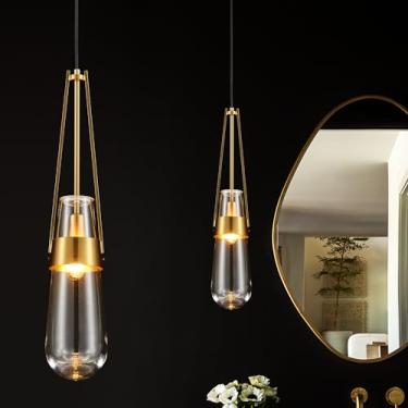 Imagem de Salaiwei Luminárias pendentes de gota de chuva, iluminação pendente de vidro de latão, lágrimas douradas, luz pendente de vidro sólido transparente, lustres modernos para sala de jantar, varanda