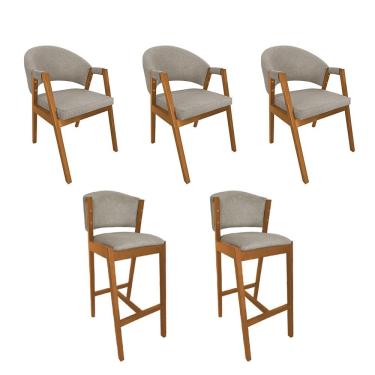 Imagem de Kit 3 Cadeiras De Jantar Helen Madeira Maciça Com 2 Banquetas Ana Cerejeira Premium Linho Bege