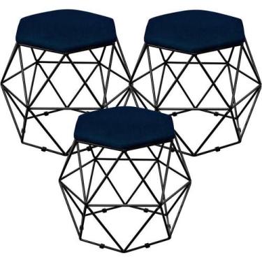 Imagem de Kit 03 Puffs Aramado Preto Six L02 Suede Azul Marinho - LYAM DECOR