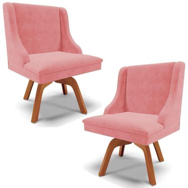 Imagem de Kit 2 Cadeiras Decorativas Sala De Jantar Base Giratória De Madeira Firenze Suede Rosê/natural G19