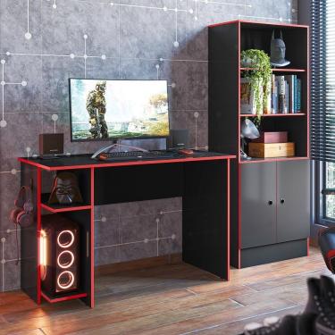 Imagem de Armario Gamer Preto Fosco/vermelho E Mesa P/ Escritório E Gamer Preto Fosco/vermelho