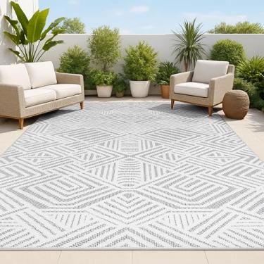 Imagem de JONATHAN Y Tapete de área Jordan High-Low Pile Art Deco geométrico interno/externo branco/preto 0,9 m x 1,5 m Bohemian, casual, transicional EasyCleaning, HighTraffic, sala de estar, quintal, sem queda