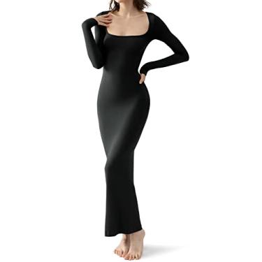 Imagem de PUMIEY Vestido longo feminino de manga comprida com gola quadrada e nervuras, vestido feminino macio, Preto Jet, P