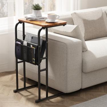 Imagem de Olldide Mesa de canto em forma de C com bolsa de armazenamento, mesa lateral para sala de estar, quarto, mesa deslizante sob o sofá, bandejas de TV, pequeno espaço estreito aplicável, marrom rústico