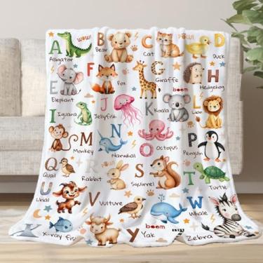 Imagem de Cobertor de alfabeto de animais, presentes de alfabeto para crianças, meninos, meninas, adultos, colcha de animais de flanela macia para cama, sofá, viagem, branco, 101,6 cm x 127 cm