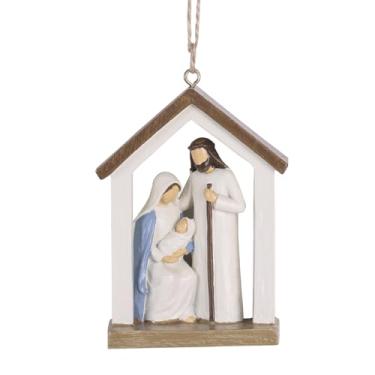 Imagem de Ornamento de presépio da Sagrada Família – Mini árvore de Natal de Jesus para pendurar, presépio de resina pintado à mão para decoração de férias cristãs, presente de enfeite de Natal religioso