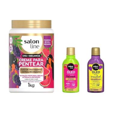 Imagem de Kit Creme para Pentear e 2 Óleos Reparadores. Salon Line, Mix de Melancia e Uva, Vegano - Para Cabelos Ondulados, Cacheados e Crespos, 3 Unidades