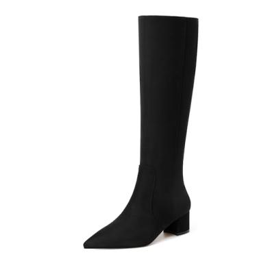 Imagem de NUMALEO Botas femininas de camurça com zíper, cor lisa, bico fino, salto baixo, cano alto, 5 cm, Preto, 35