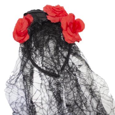 Imagem de Tiara Halloween Com Flores Vermelhas e Véu