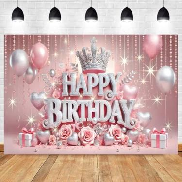 Imagem de Faixa de fundo rosa princesa feliz aniversário para meninas 1,5 x 1,2 m brilhante prata coroa elegante linda decoração de festa de aniversário para meninas, fundo fotográfico, adereços de estúdio