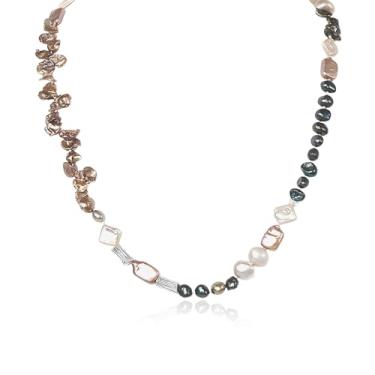 Imagem de Colar de pérolas de água doce de 50,8 cm, feito à mão com pérolas redondas creme de 9 a 10 mm, ágata turquesa, presente para ela, dia das mães, 20", Pérola, Pérola