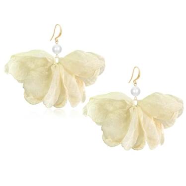 Imagem de unixmoment Brincos femininos com pingente de franja floral de tecido pérola grande boêmio feito à mão, Large, Tecido, Sem pedra preciosa