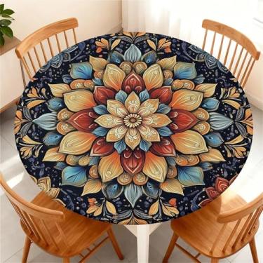 Imagem de Yesad Toalha de mesa elástica para mesas redondas, capa de mesa impermeável para mesa redonda de até 155 a 165 cm, capa de mesa de jantar para ambientes internos e externos, férias, boho