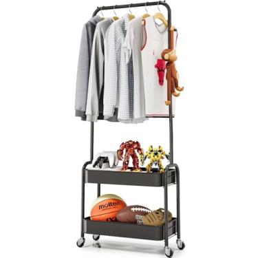 Imagem de KINGRACK Suporte de roupas, pequeno suporte de roupas para pendurar roupas, suporte de roupas com cesta de metal, suporte infantil com rodinhas para armazenamento de casacos, sapatos, camisas, preto