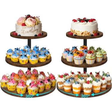 Imagem de ELITEROO Suporte de cupcake de 3 camadas para 50 cupcakes, suporte giratório de bolo de madeira, torre de exibição de sobremesa rústica com bandejas em camadas, suporte redondo para cupcake para