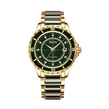 Imagem de Diella Relógios automáticos masculinos com jade e aço inoxidável, relógios de pulso masculinos com strass relógio mecânico à prova d'água de luxo (modelo: AD6020), Dourado, Mecânico