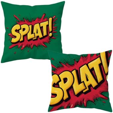 Imagem de Comic Splat! Capas de almofada 45 x 45 cm, conjunto de 2 capas de almofada de linho decorativas de arte pop, fronhas quadradas estilo desenho animado dupla face para decoração de sofá e sala de estar