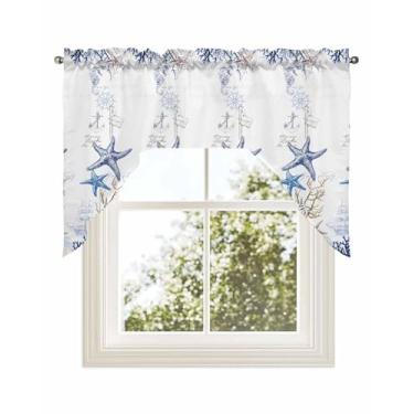 Imagem de Cortinas curtas de cozinha de estrelas do mar para janela, cortinas curtas de cozinha com bolso de haste, 91 cm de comprimento, âncora de navio coral náutico, cobertura de leme, janela pequena