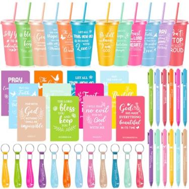 Imagem de Hollowfly Conjunto de 12 / 48 peças, presentes de igreja cristã, copos de plástico com versículo bíblico, canetas, chaveiros, cadernos para mulheres, homens, festa cristã voluntária, presentes de