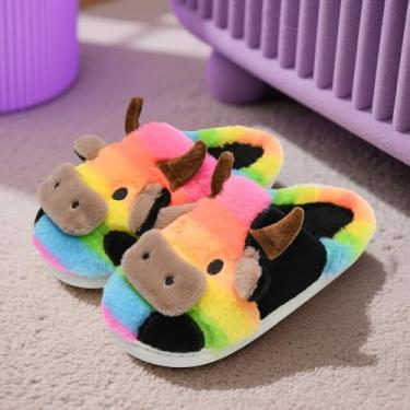 Imagem de Pantufas de vaca para crianças pequenas, meninos e meninas, pantufa de pelúcia macia, animal fofo, inverno, confortável, quente, felpudo, espuma de memória, antiderrapante, fofo, para uso interno e