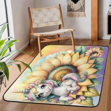 Imagem de Tapete antiderrapante para sala de estar, sala de estar, lavável à máquina, unicórnio, girassol, flor, tapete antiderrapante, tapete macio para sala de estar, quarto, sala de jantar, berçário, cozinha