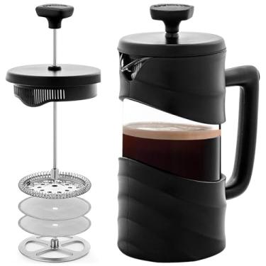 Imagem de OVENTE Cafeteira French Press de 350 ml com vidro borossilicato resistente ao calor e sistema de filtragem de 4 níveis de aço inoxidável, cafeteira portátil para viagem, acampamento ou presente, preta