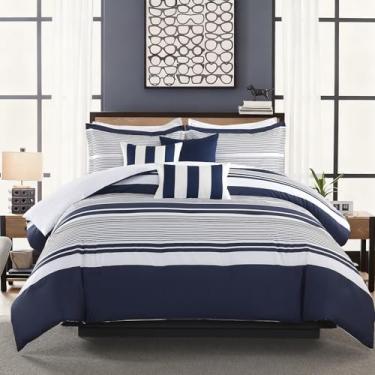 Imagem de Finlonte Conjunto de edredom Queen, azul marinho e branco, 100% algodão, luxuoso, fofo, aconchegante, com 2 fronhas e 3 fronhas, roupa de cama acolchoada moderna para todas as estações, 6 peças