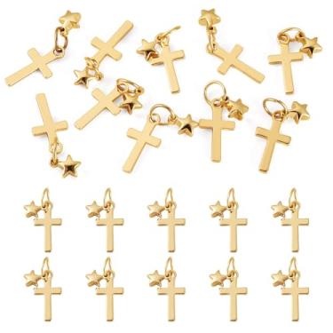 Imagem de Craftdady 10 peças de pingentes de cruz, pingente de crucifixo cristão banhado a ouro 18 K, pingentes de cruz e estrela com anéis de salto de aço inoxidável para fazer joias, pingentes de colar faça
