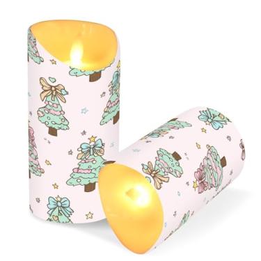 Imagem de Blueangle Pacote com 2 velas de árvore de Natal com laços sem chama com controle remoto e temporizador, velas LED cintilantes (7,6 cm x 15 cm) para decoração de casa, casamento, acampamento (891)