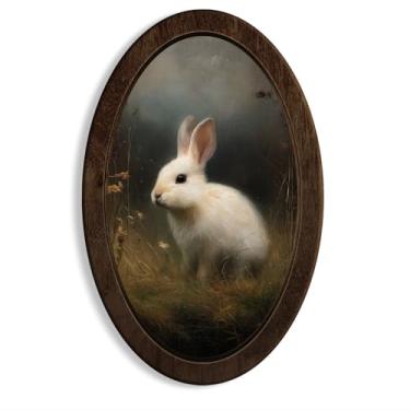 Imagem de Dilemat Decoração de parede oval Moody Bunny vintage, arte de parede emoldurada de coelhinho rústico, Dark Academia Rabbit Oval Decorações para pendurar na parede para decoração de casa, sala de estar