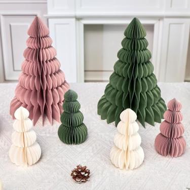 Imagem de OBBOLO 6 peças de árvore de Natal de papel, bege, verde sálvia e rosa empoeirado, decorações de Natal com fecho magnético, árvores de Natal dobráveis reutilizáveis de 30,5 cm e 15,2 cm para cornija