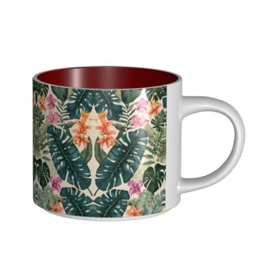 Imagem de ZERAOKE Folhas de palmeira de flores havaianas de verão tropical - Caneca grande de cerâmica impressa para café, capacidade grande para escritório e casa, pode ser lavada na lava-louças, design com