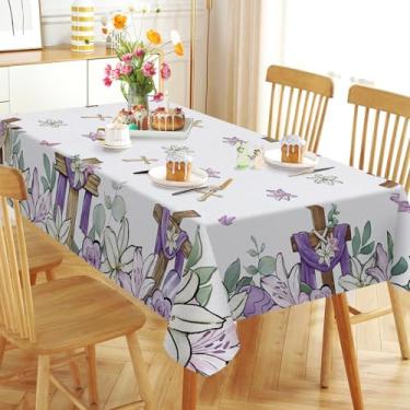 Imagem de Tailus Toalha de mesa retangular de Páscoa cristã, 152 x 264 cm, flor de lírio com cruz religiosa, decoração de mesa de jantar, ovos de Páscoa, decoração de piquenique