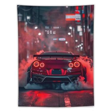 Imagem de HouLaiZhe JDM Tapeçaria de carro vermelho esportes R34 Drift carro pendurado na parede quarto decoração de casa tapeçarias estética piquenique decoração de parede arte de parede para dormitório sala