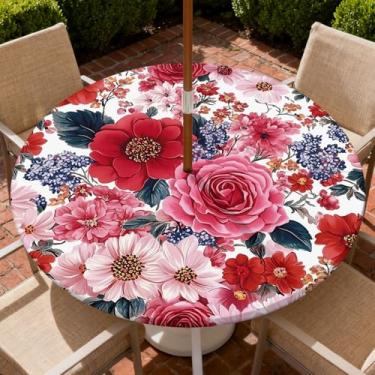 Imagem de Yesad Toalha de mesa redonda para uso ao ar livre com orifício para guarda-chuva, toalha de mesa com zíper e borda elástica, capa de toalha de mesa à prova d'água para piqueniques, serve para mesa