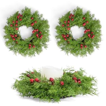 Imagem de Fuxdre 2 peças de guirlandas de vela de Natal, guirlanda de vela de 25 cm com frutas vermelhas artificiais e cedro, suporte de vela de Natal, decoração interna para armários de cozinha em casa