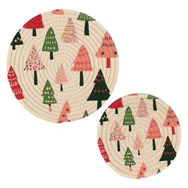 Imagem de Wassud Lindo conjunto de trivet com padrão de árvore de Natal para pratos quentes, suportes redondos de algodão, almofadas quentes, porta-copos elegantes, decoração de cozinha e acessórios, 2 peças