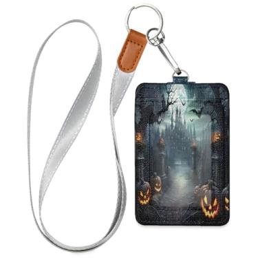 Imagem de Wassud Porta-crachá de couro PU para festa de Halloween com cordão, porta-cartão de identificação para trabalho, cordão de pescoço com compartimentos para cartões de crédito, funcionários, estudantes