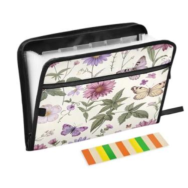 Imagem de Wassud Pasta organizadora de arquivos de papel A4 de flores silvestres violeta com etiquetas pasta de arquivo expansível com 13 bolsos