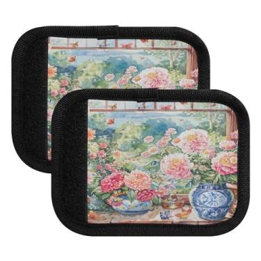 Imagem de Qilmy Linda flor janela alça de bagagem envoltório pacote 2 identificadores de bagagem etiqueta confortável alça pega capa para carrinho mala mala avião acessórios de viagem 941